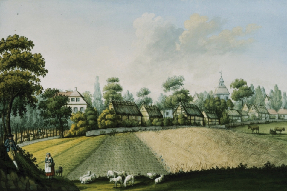 Felder, Schafe und bäuerliche Idylle in Tempelhof: der kolorierte Kupferstich zeigt das Dorf um 1800. © bpk / Kupferstichkabinett, SMB / Jörg P. Anders C