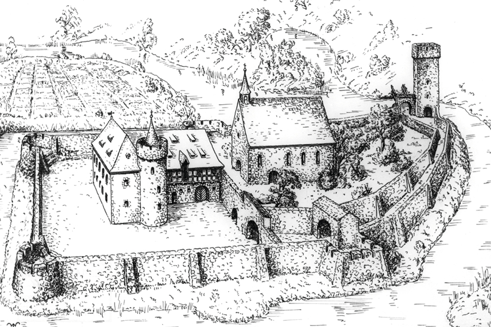 Die Handzeichnung des Historikers Wilhelm Hensel zeigt den Aufbau des Ordenssitzes der Tempelritter in Tempelhof vor 1435. © Museen Tempelhof-Schöneberg/Archiv