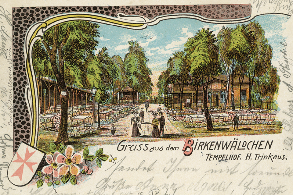 Das Tempelhofer Wappen schmückt in der linken unteren Ecke die Postkarte aus dem Biergarten des „Birkenwäldchen“. © Museen Tempelhof-Schöneberg/Archiv