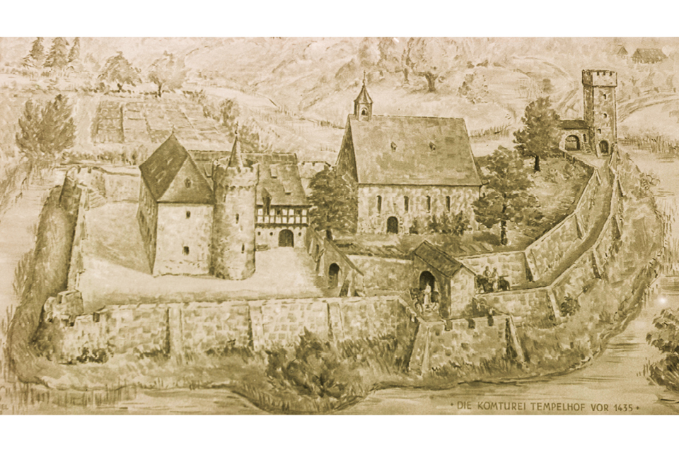 Die Handzeichnung des Historikers Wilhelm Hensel zeigt den Aufbau des Ordenssitzes der Tempelritter in Tempelhof vor 1435. © Museen Tempelhof-Schöneberg/Archiv