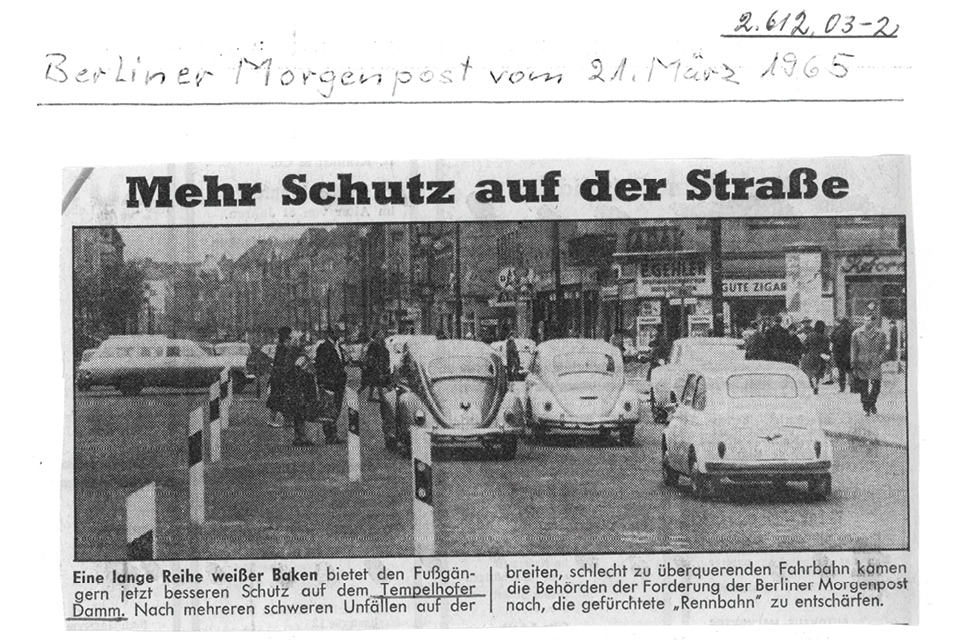 Schon lange ein Diskussionspunkt: ein Artikel der Berliner Morgenpost von 21.3.1965 zur Verkehrslage am Tempelhofer Damm. © Museen Tempelhof-Schöneberg/Archiv
© Berliner Morgenpost