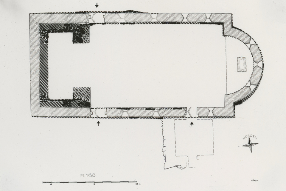 The floorplan of today’s church shows the underlying foundations of an older church. © Museen Tempelhof-Schöneberg/archive